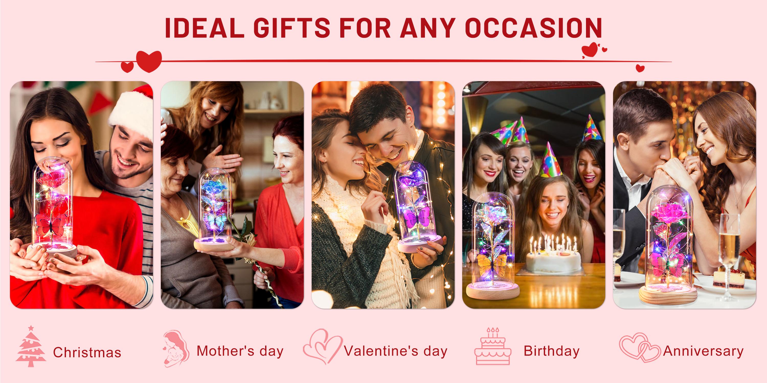 DEEMEI Birthday Gifts for Women Eternal Flower Light Up Galaxy Rose in Glass Dome with Butterfly Valentines Day Gifts for Her Mom Girlfriend Daughter