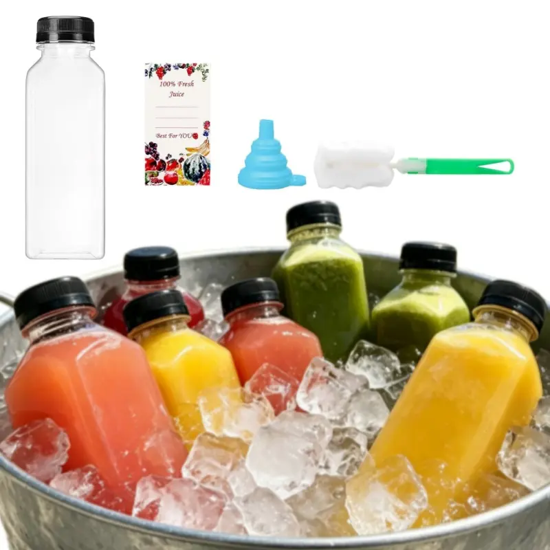  20pcs 16oz Reusable Clear Bulk Beverage Containers, Empty Plastic Juice Bottles with Caps for Juice, Milk, Smoothie, and Other Beverages, With stickers, funnel, and cleaning brush,dorm essentials,home decor,home essentials,camping essentials