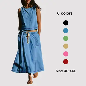 Molitree Women's Two-Piece Casual Colorblocked Round Neck Sleeveless Pullover Top with Pockets & High Waist Mid-Length Skirt Clothes Suits