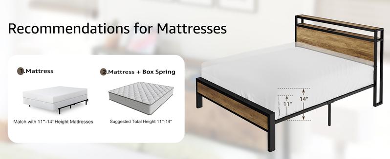 AMERLIFE Industrial Full /Queen/King Size Bed Frame,  Rustic Metal Bed Frame with 2-Tier Storage Headboard and Charging Station, No Box Spring Needed/No Mattress/Small Unique Home Furniture Room/Best Gift Ideas/Christmas Gifts