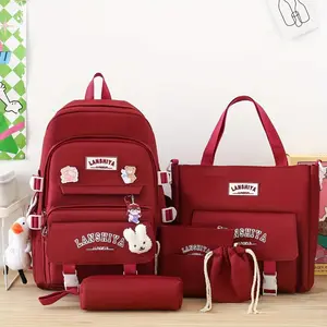 5pcs Solid Color Backpack Set, Large Capacity Double-Shoulder Bag, Simple Tote, Pencil Bag, Casual Crossbody, Lightweight Student Backpack Set with Ducky Charm, 3 Badges, and Rabbit Charm, Canvas Material, Position Print, Zip Closure, Hand