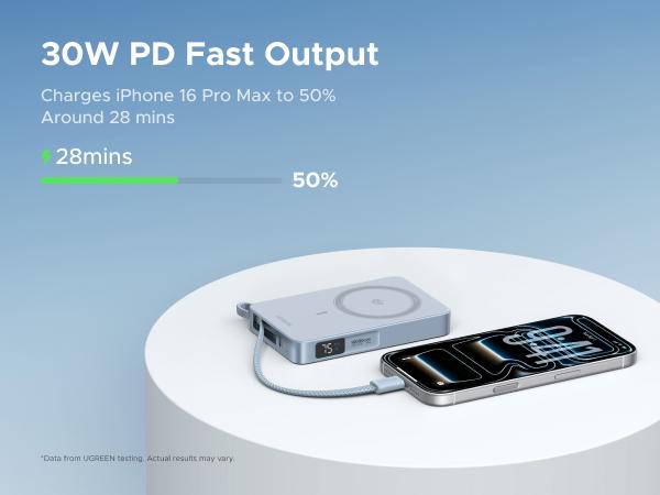 UGREEN MagFlow 10000mAh Power Bank Qi2 25W Certified Wireless Charging Magnetic Portable Charger for MagSafe with Built-in Cable 30W USB-C Battery Packfor iPhone17 Pro Max/Pixel 10 Pro XL,Tiktokshopstockup