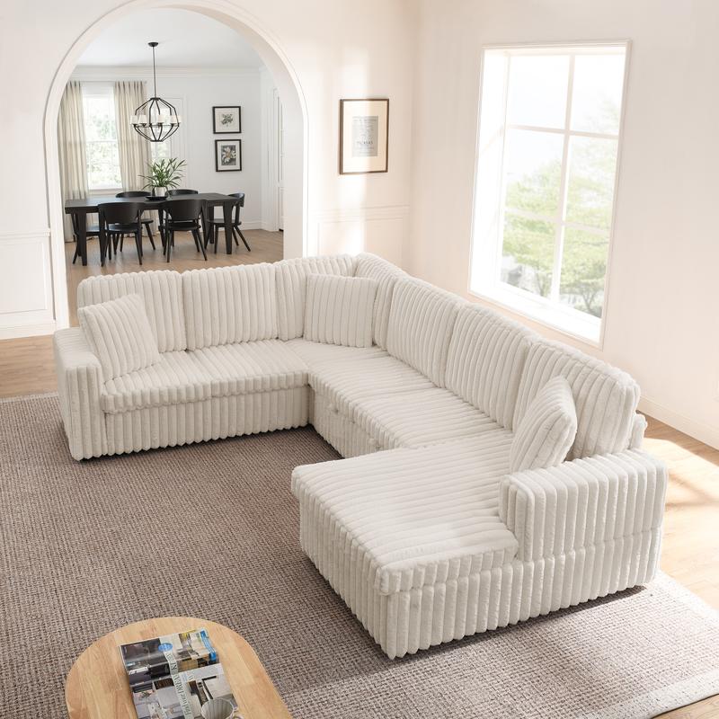 【4 Packages shipping】Niccae Corduroy Striped Sofa – U-Shaped Pull Out Bed & Storage Chaise, Modern Minimalist Sofa for Living Room, Home Office, Guest Bed, Apartment (6 Seats, Foam Cushion)
