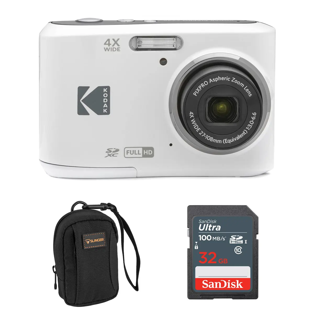Kodak PIXPRO FZ45 Friendly Zoom Point & Shoot Pocket-Portable Photo Camera - 16MP, Full HD, White, Lens-Included, 32GB Memory Card, Camera Bag, Picture-Capturing Portable Device