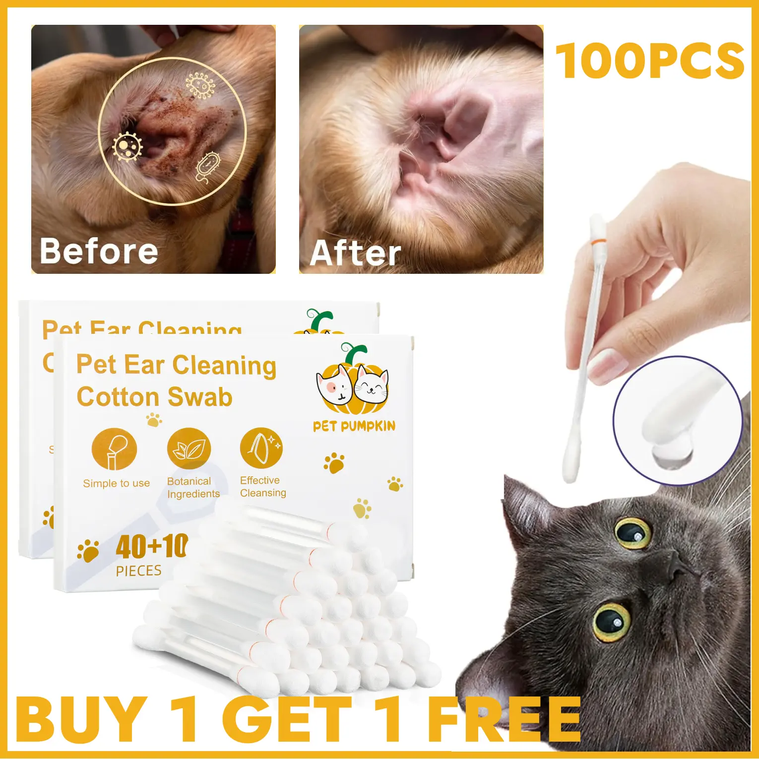2-in-1 Pet Ear Cleaning Liquid Swabs - Cat & Dog Ear Cleaner Solution - Gentle & Effective Ear Care - for Daily Ear Cleaning Removes Wax, Dirt, & Odor