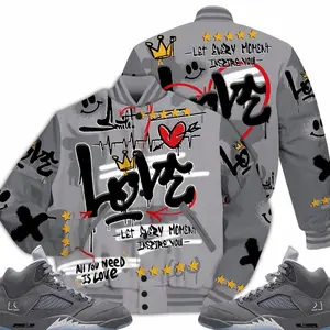 5 Wolf Grey Varsity Jacket, Retro Wolf Grey 5s Outfits, Happy Love Beats Graffiti Outfits Streetwear Unisex Sneaker Matching Shirts
