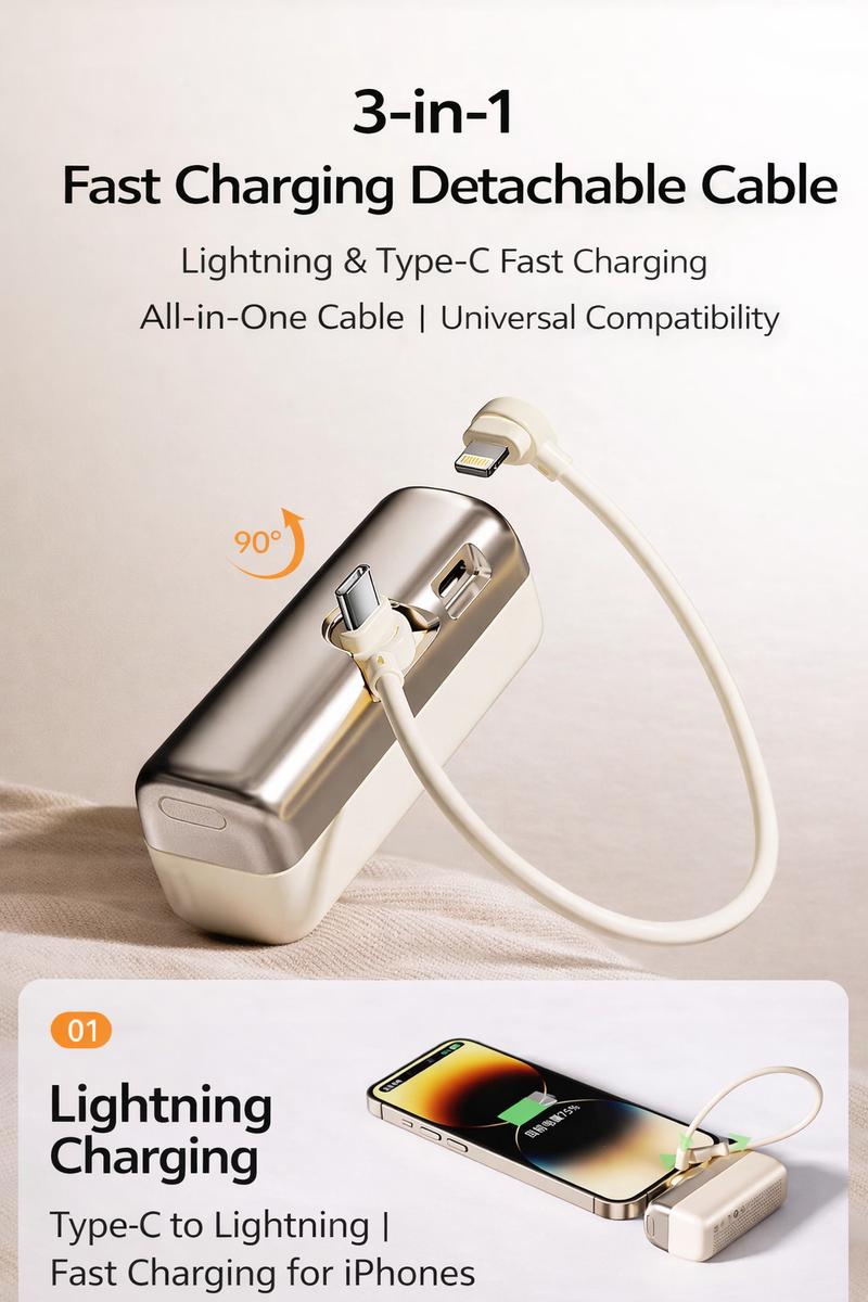 Lzaitai Portable Charger Nano Power Bank with Built-in USB C Connector lightning Connector 5000/10000mAh Portable Charger 22.5W, for iPhone 17/16/15 Series, Samsung S22/23/24 Series, iPad Pro/Air, AirPods, and More