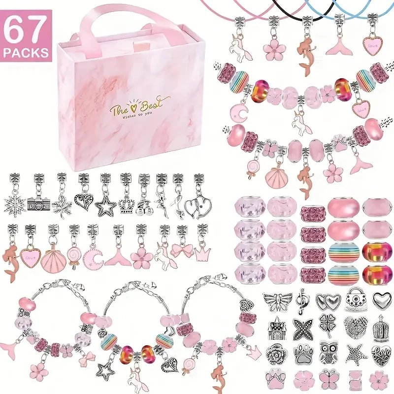 67pcs DIY Beading & Jewelry Making Kit - Charm Pendant Bracelet Kit with 60 Pendant Beads, 3 Bracelet Chains, 3 Necklace Ropes, Rainbow Beading Supplies, Birthday Christmas Gift for Crafters