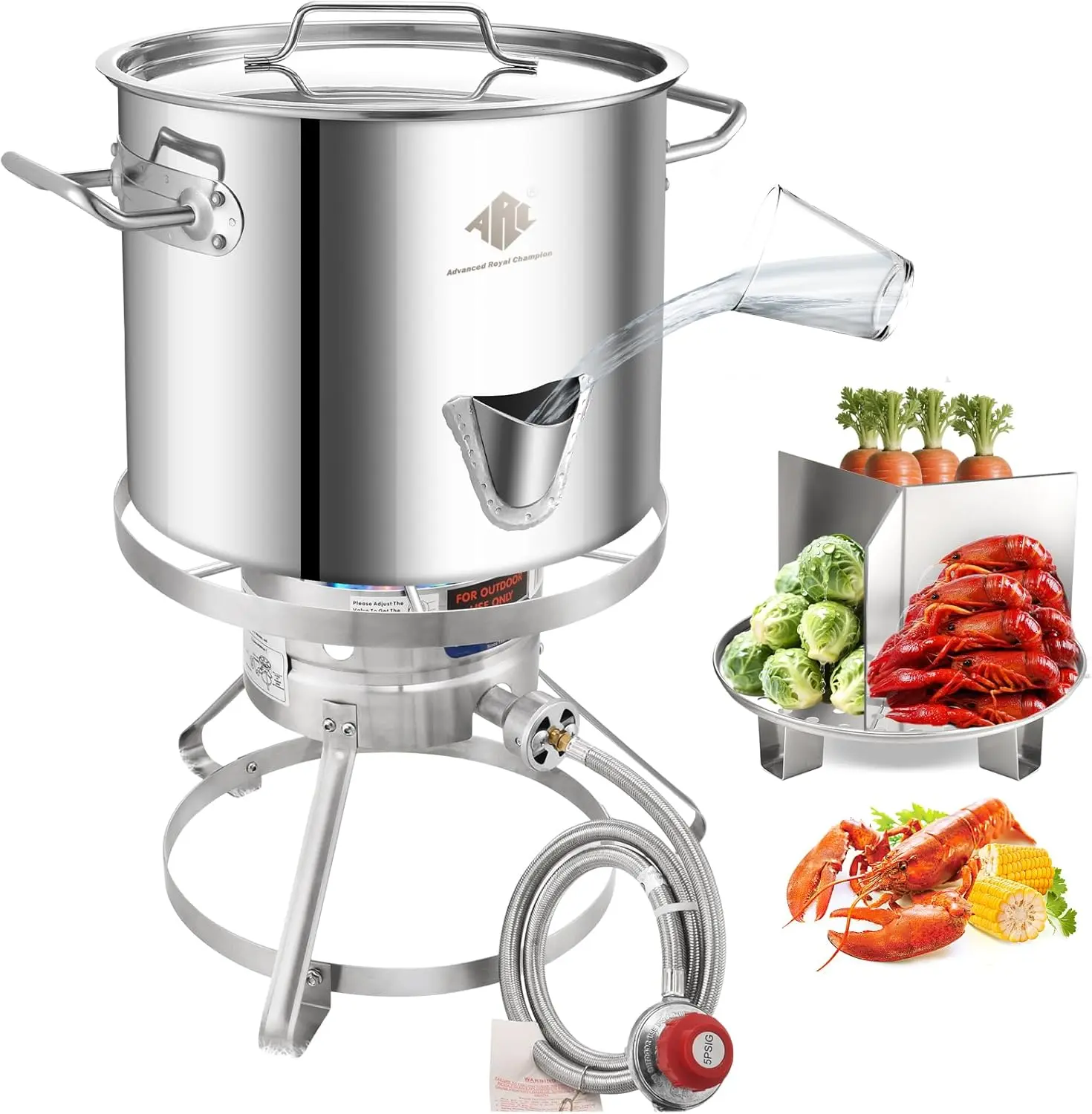 ARC Steaming Kit，37,000BT Utainless Steel Single Burner Propane Stove，Steamer Pot w/Easy-fill Water Spout, Divider and Steamer Rack, para Tamale Steaming, Outdoor Cooking (52QT)