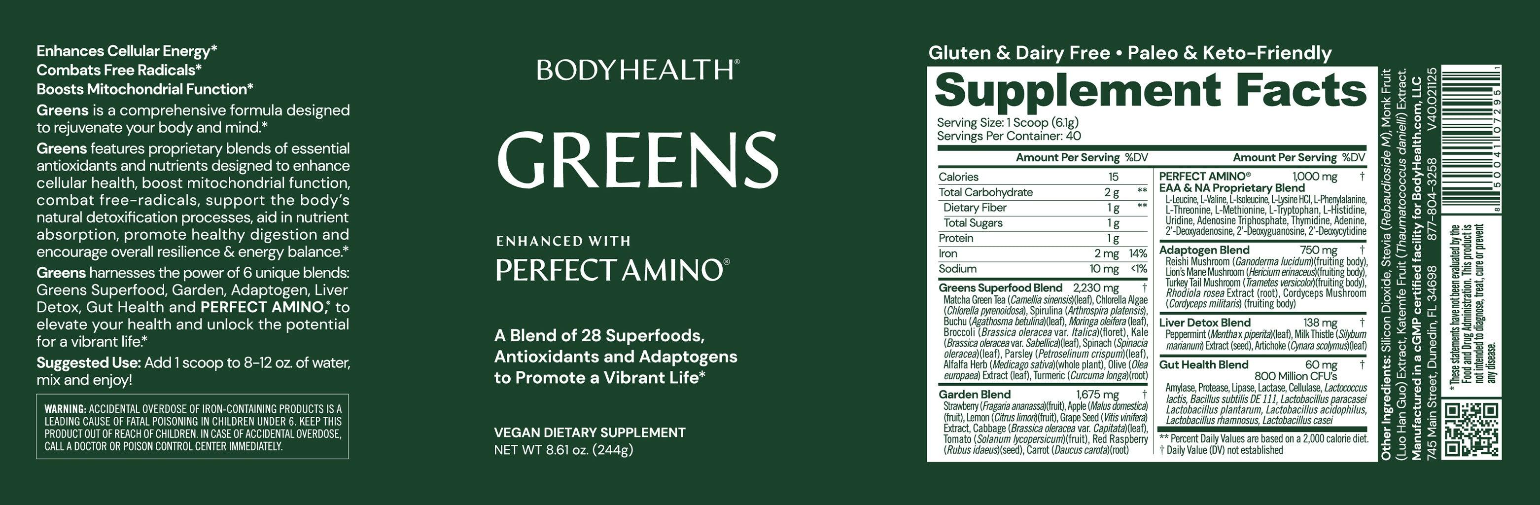 BODYHEALTH Greens with Perfect Amino - 26 Superfoods, Antioxidants, & Adaptogens for Optimum Performance & Vitality - Vegan, Gluten-Free, Dairy-Free Supplement BODYHEALTH Greens with Perfect Amino - 26 Superfoods, Antioxidants, & Adaptogens for Optimum Performance & Vitality - Vegan, Gluten-Free, Dairy-Free Supplement