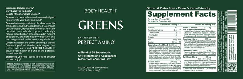 BODYHEALTH Greens with Perfect Amino - 26 Superfoods, Antioxidants, & Adaptogens for Optimum Performance & Vitality - Vegan, Gluten-Free, Dairy-Free Supplement