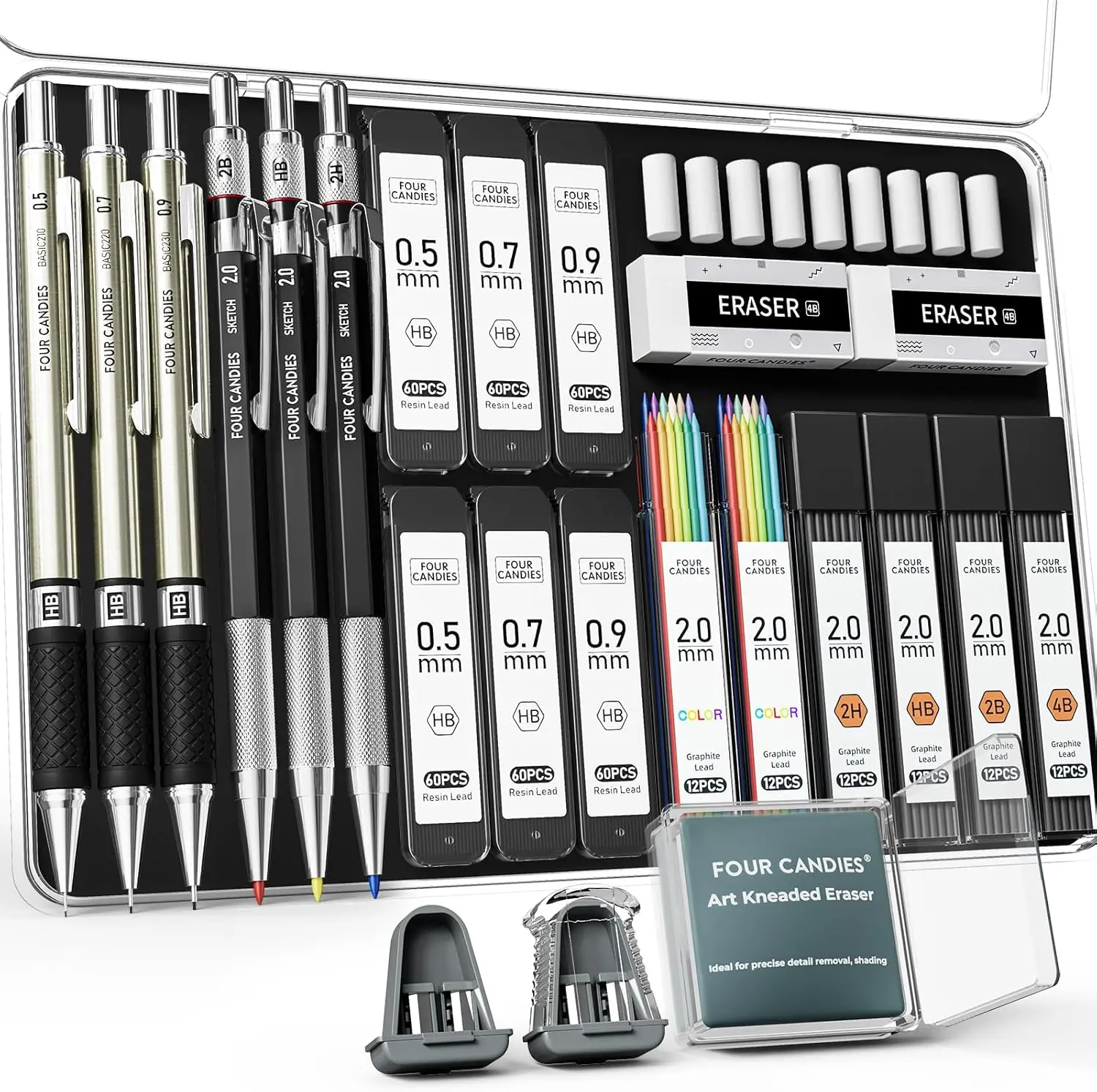 Four Candies 25PCS Back to School Mechanical Pencil Set with Case,0.5/0.7/0.9mm Metal Pencils&3PCS 4B Erasers&432PCS Graphite Leads,Essential Student Writing,Drawing&Sketching Supplies,Perfect Graduation Stationery Gifts,summerwins