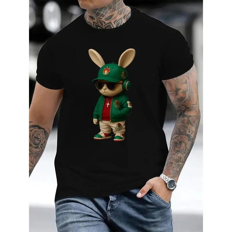 Men's Streetwear T-Shirt with Graphic Bunny Print, Soft Cotton Unisex Shortsleeve Casual Garment, Prints, Menswear, Fabric, Round Neck, Breathable, Top