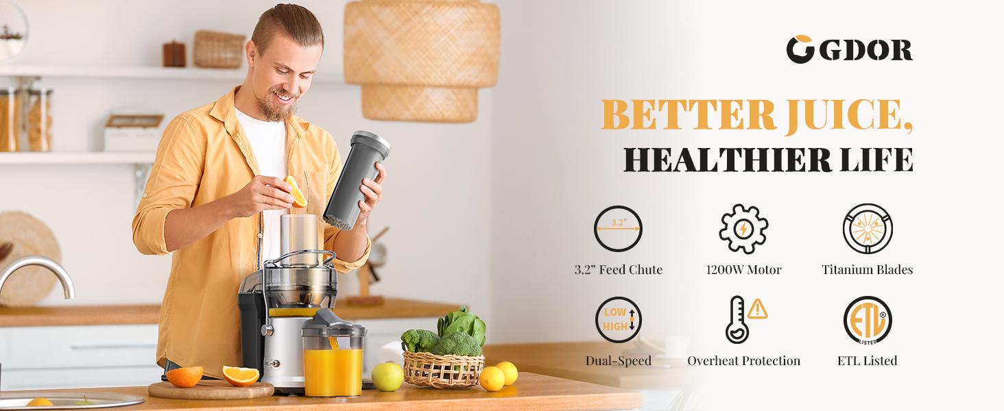 1200W Premium Juicer Machine, Extra-Large 3.2” Feed Chute for Whole Fruits and Vegetables, Titanium Enhanced Cutting System, Centrifugal Juice Extractor Maker with Heavy Duty Full Copper Motor, Dual Speeds, BPA-Free.