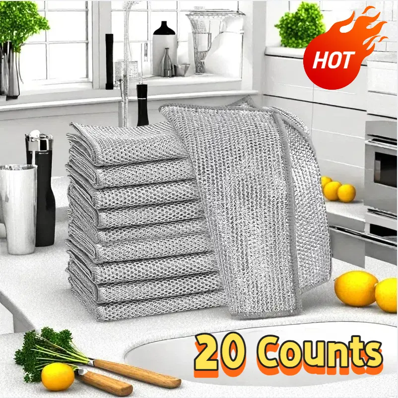 20 PCS Multifunctional Mesh Metal Wire Dishcloth Set - Upgraded Double-Layer Scrubber Pads, Non-Scratch, Durable, Easy-to-Clean, Reusable, Quick-Dry, Odor-Free for Kitchen Dishes, Pans, Stove, 10 Counts Inclusive, Aids Drying