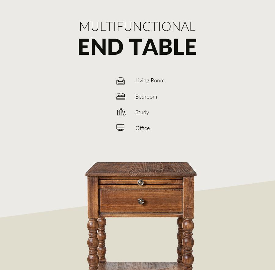 Hulala Ira 26" Tall Farmhouse Solid Wood End Table with Built-in Charging Outlets, Computer Tray and Extendable Tray, Built-in Charging Outlets, Traditional and Farmhouse Style, Solid Wood Construction, Versatile Functionality