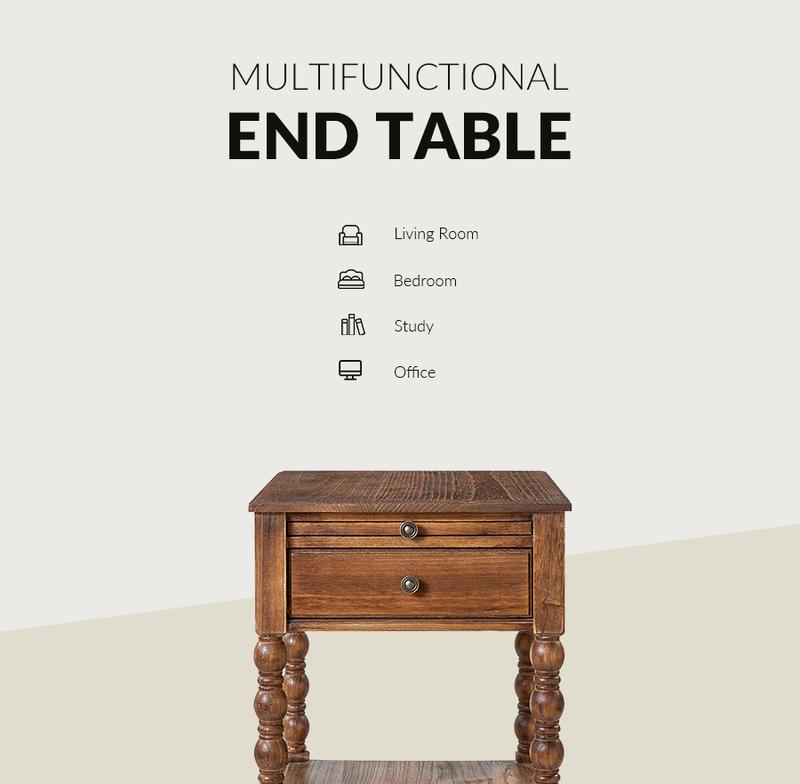 Hulala Ira 26" Tall Farmhouse Solid Wood End Table with Built-in Charging Outlets, Computer Tray and Extendable Tray, Built-in Charging Outlets, Traditional and Farmhouse Style, Solid Wood Construction, Versatile Functionality