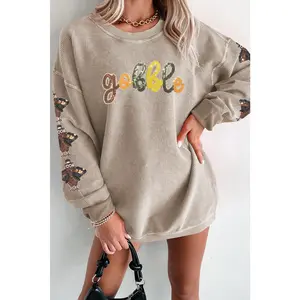 Smoke Gray Corded Ribbed Thanksgiving Turkey Sequin Patched Sleeve gobble Baggy Sweatshirt