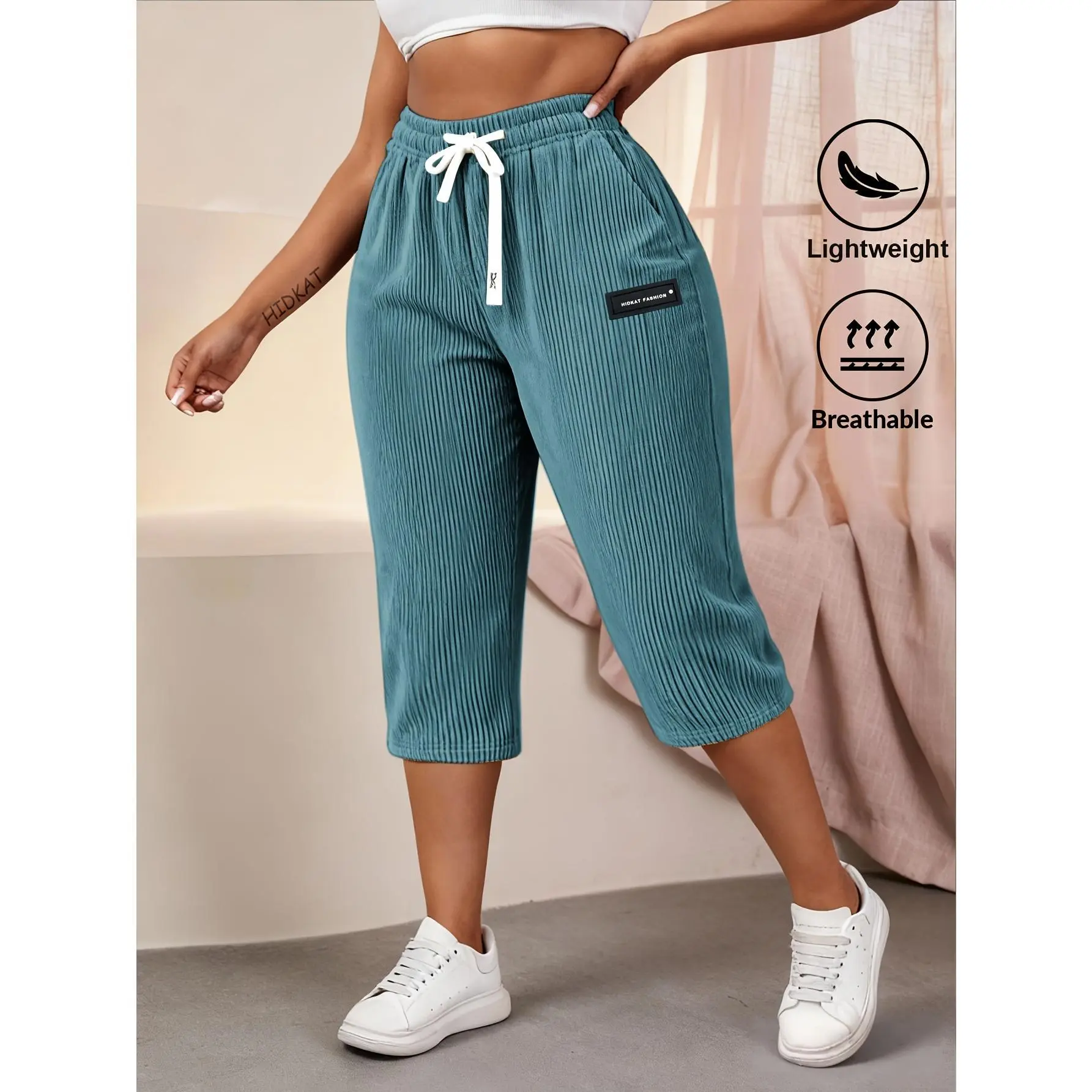 Women's Corduroy Cropped Capri Pants - Slim/Loose-Fit Solid Color Sports Joggers with Adjustable Waistband, Soft Lightweight Summer Streetwear Clothes for Daily Wear, Capri-Length for Travel