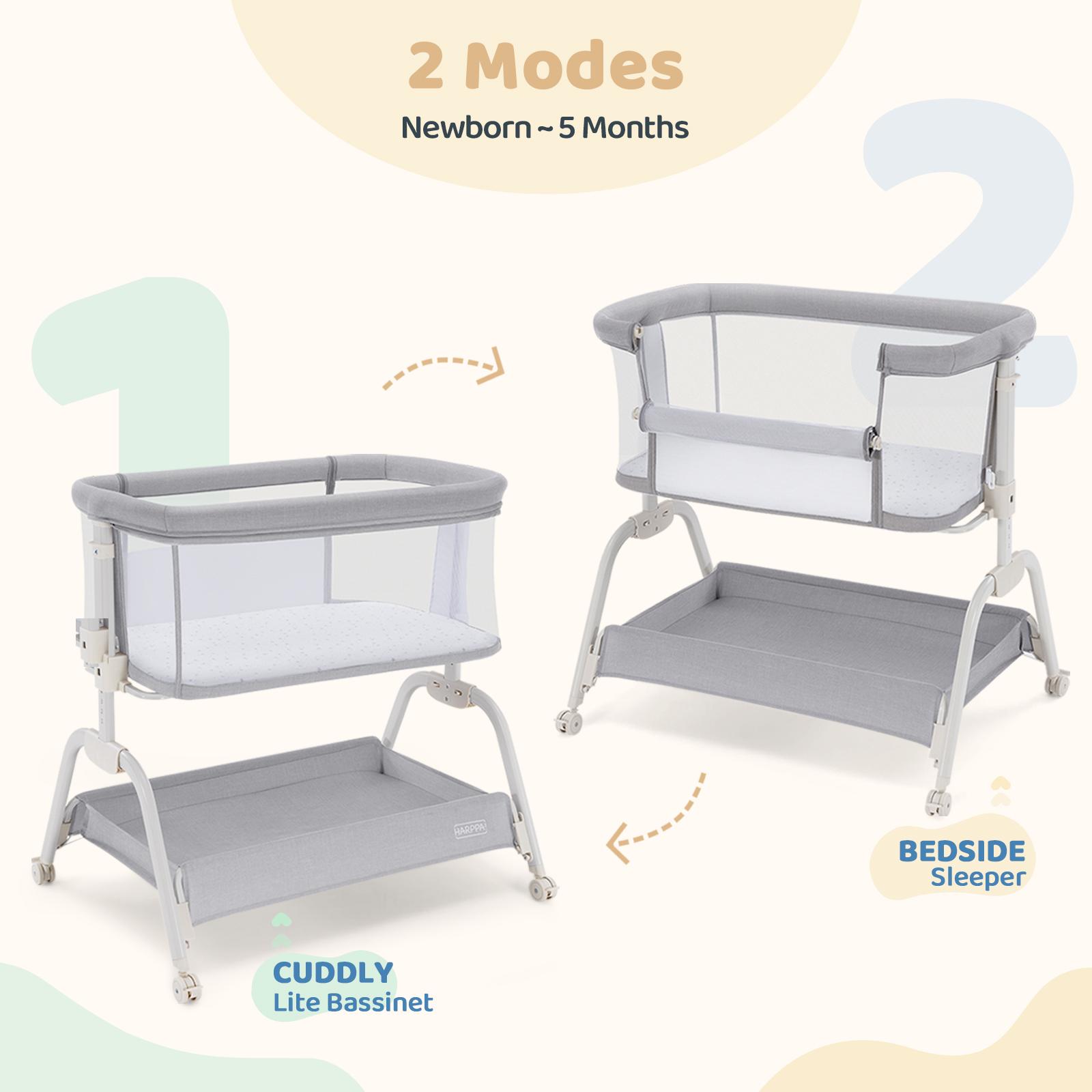HARPPA Baby Bassinet 2-in-1 Cuddly Lite &Bedside Sleeper, storage Bassinet for Baby with Wheels & Storage Basket, Portable Crib, Breathable Mesh and Mattress, Height Adjustable
