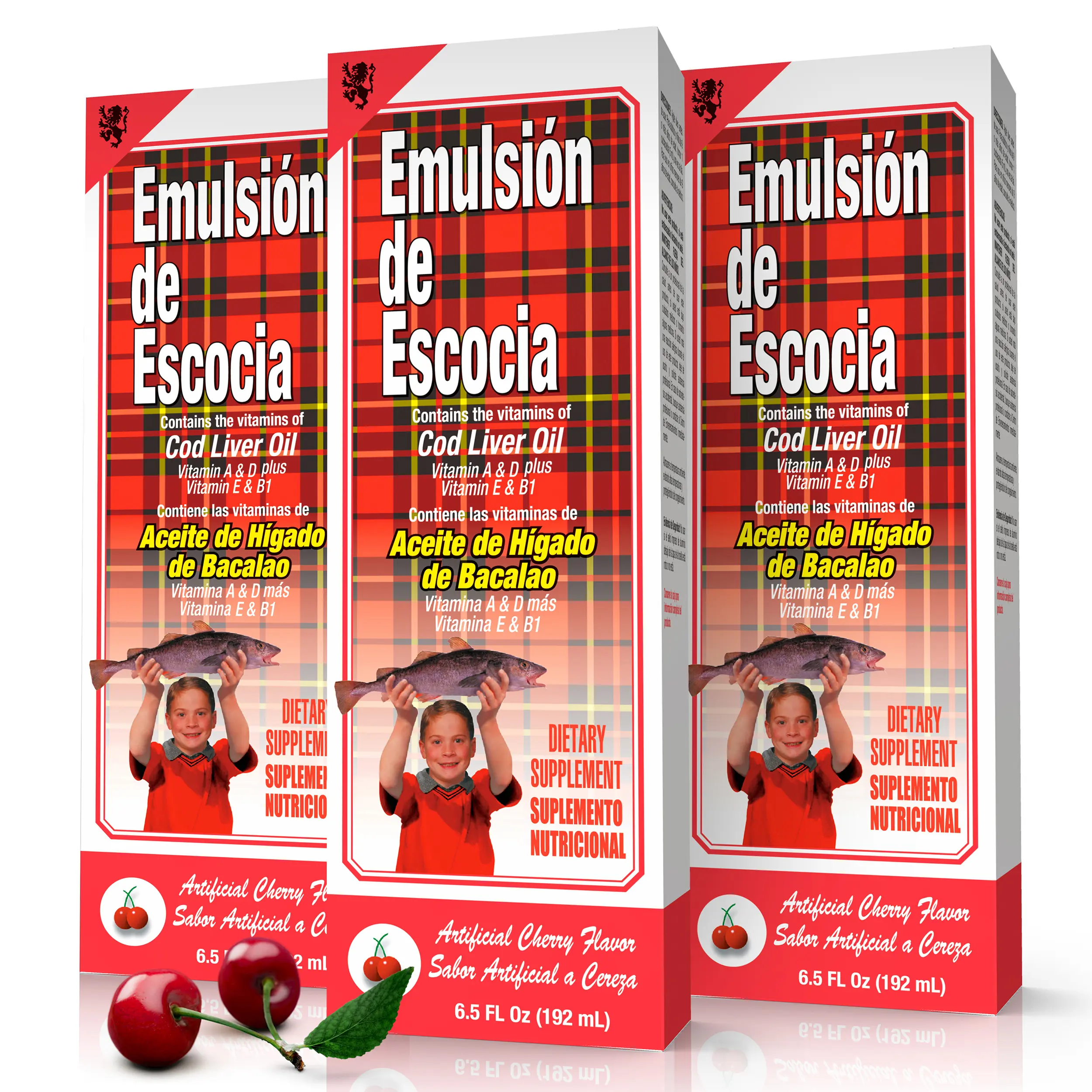 Emulsion de Escocia Natural Scotland Cod Liver Oil Cherry Flavor Edible Emulsion - 15.3 Fl Oz (3 Packs), Gut Health Vitamins, Bone Health Support, Metabolism Boost, Dairy Free Digestive Supplement