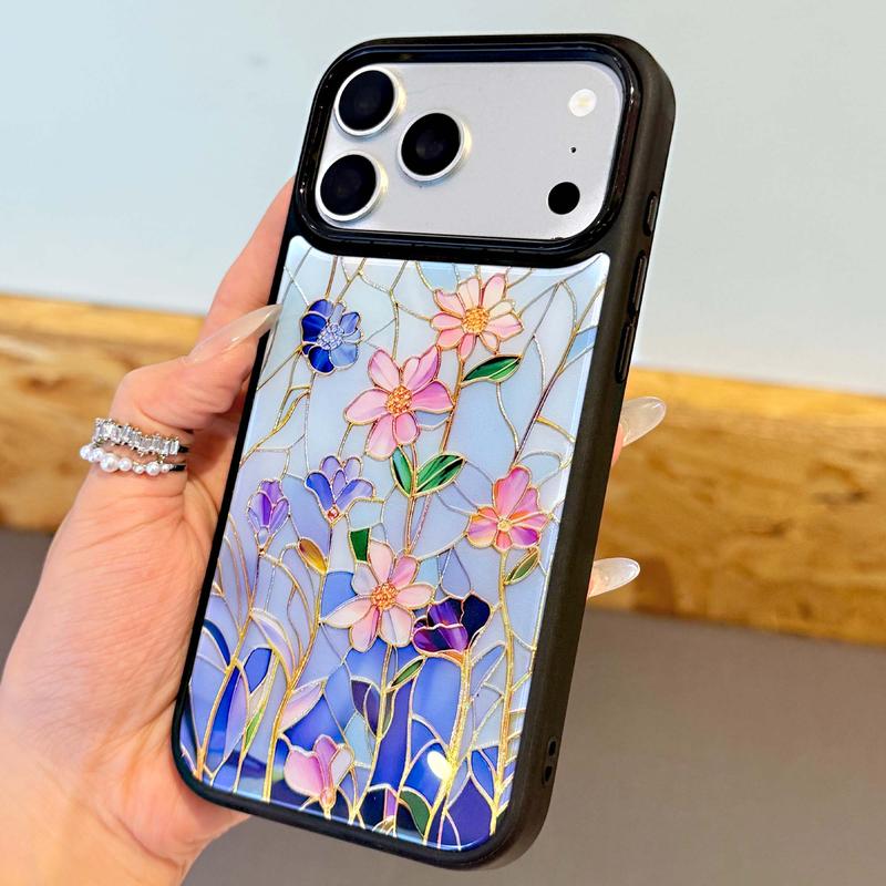 Lovely Floral Flowers Aesthetic Pattern Phone Case, Compatible with MagSafe, Stained Glass Shockproof Anti-Scratch Stylish Protective Phone Cover for iPhone 17/16/15/14/13 Series
