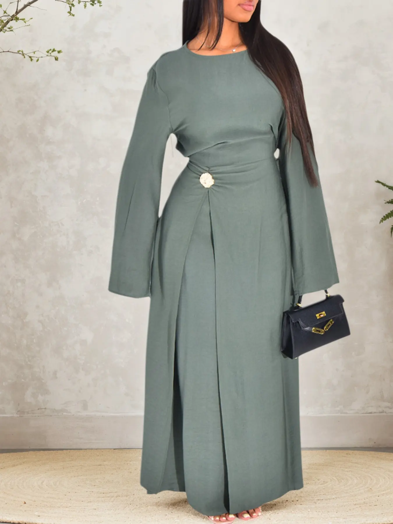 Muslim Women Simple Modest Style Dress with Back Tie, Waist Cinching, Decorative Buttons, Perfect for Friend Gatherings & Casual Occasions, Modest Muslim Outfits, Maxidresses, Long Sleeve Dresses, Islamic Modesty Clothes