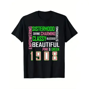 [Empowering T-Shirt] Empowering Women's AKA Sorority Graphic T-Shirt |   Loose Fit, Black with Pink & Green Print, 1908 Year of Establishment Design, Machine Washable, Casual Wear