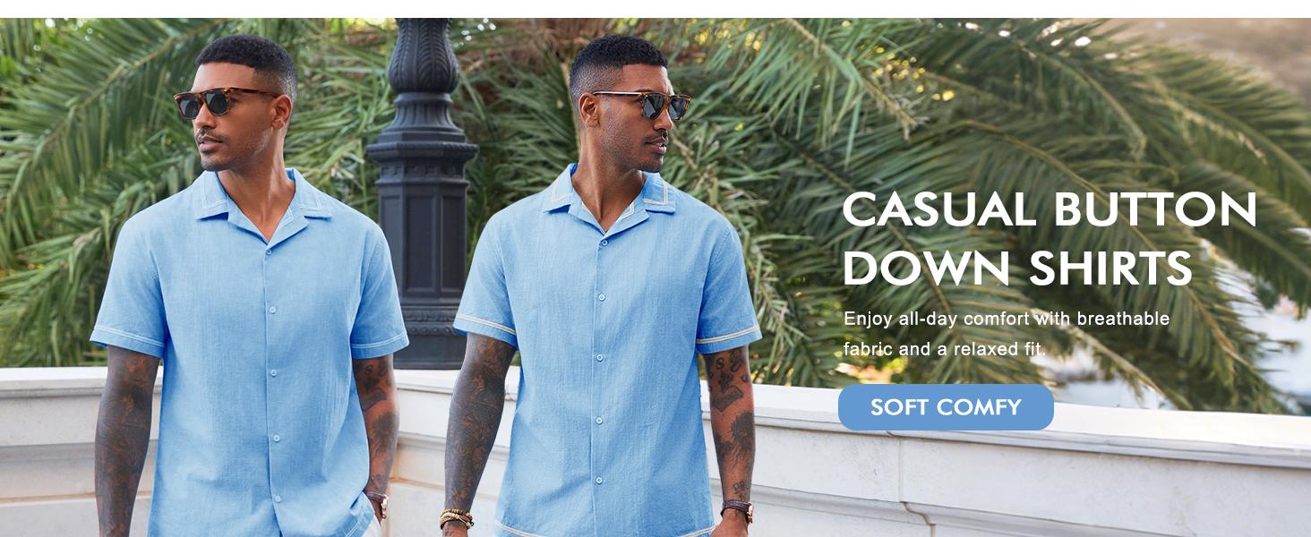 Runcati Mens Short Sleeve Shirt Button Down Casual Cuban Linen Shirts Summer Beach Vacation Tops