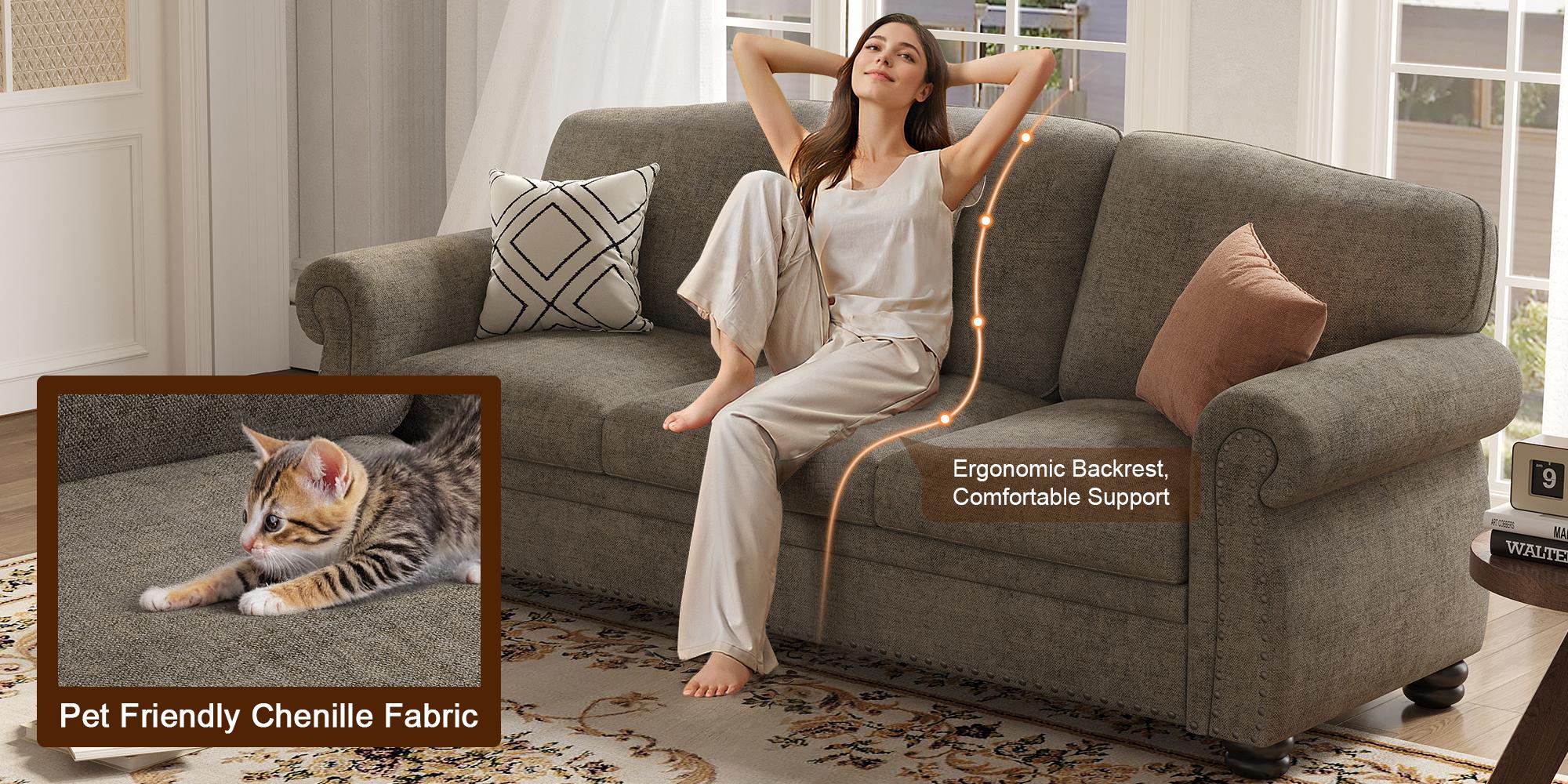 【SPOTLIGHT DAY】ONBRILL 90 Inch Nailhead Trim Couch for Living Room, 23 Inch Deep Seat Rolled Arm Sofa, Comfy Upholstered 3 Seater Chenille Couch w/Wooden Leg, Large Traditional Sofa for Farmhouse