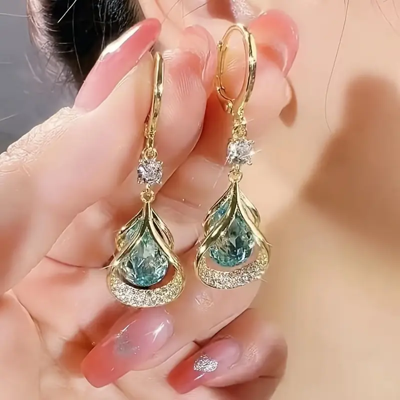 Women's 1 Pair Luxurious Gold Water Drop Earrings - Pink & Transparent Cubic Zirconia Alloy Pendant Jewelry, Crystal Layered, Chic Style, Diamond-Embellished, Expensive-Looking, Dangling Stones Earrings for Parties, Crystal Layered Earrings