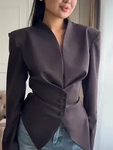 Women Contour Cinched Waist Blazer – Elegant V-Neck Jacket