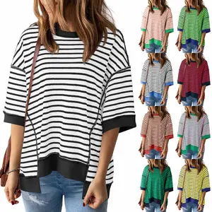LAICIGO Womens Fashion Oversized Half Sleeve T-Shirts Casual Striped Color Block Cotton Tee Tops Loose Cozy Sweatshirts