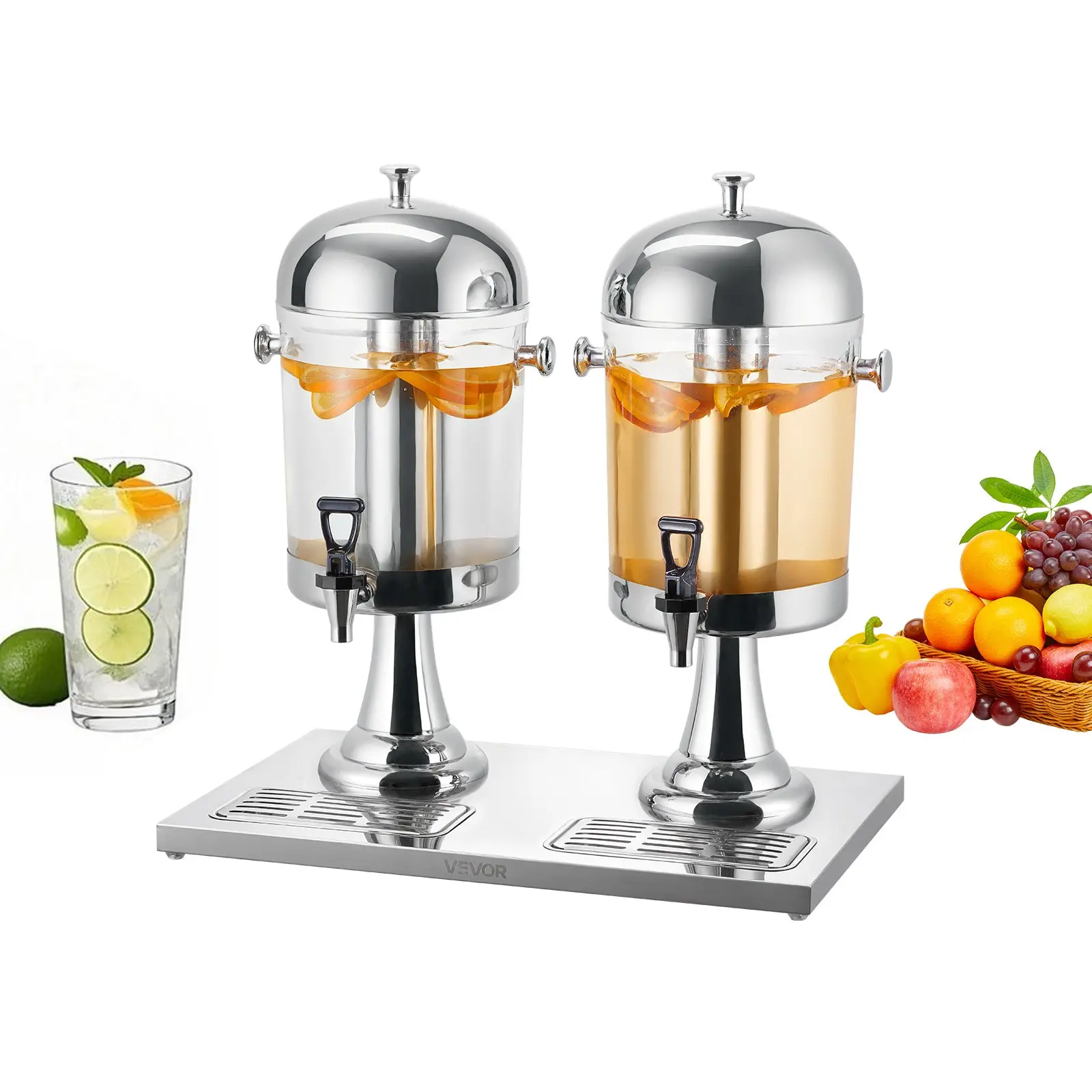 【DealsForYouDays】VEVOR Beverage Dispenser, 2.1 Gallon x 2 Drink Dispenser for Parties, Stainless Steel + Plastic Juice Dispensers with Spigot Ice Chamber Tray, Iced Tea Lemonade Dispensers, for Restaurants, Hotels
