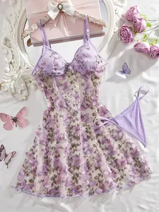 Women's Sexy Lingerie Nightgown Set - Elegant Lace Embroidered Butterfly Dress & Sweet Sheer Mesh Camisole - Comfortable Breathable for All Seasons - Ideal for Home Dates & Anniversary Gifts