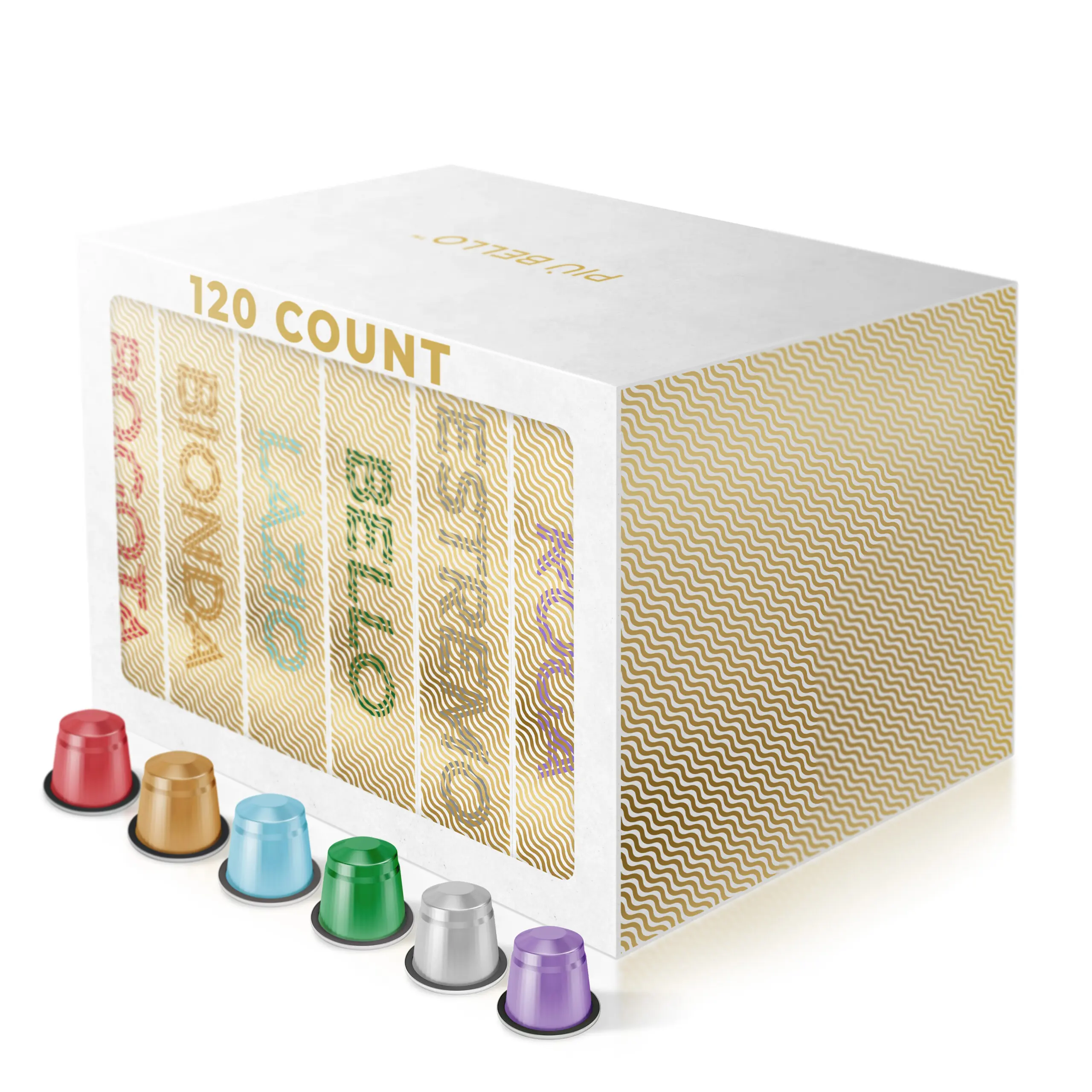 Piu Bello Coffee Pods Variety Pack - Nespresso Machine (Original) Compatible Capsules - Light Roast, Dark Roast, Chocolate, Nuts, Caramel - Rich & Balanced Taste, Kosher (6 Flavor Multipack 120 Count) Bean Beverage