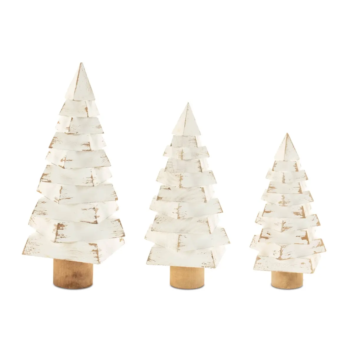 Melrose 95724DS Washed Look Rustic Soft Wooden Tabletop Christmas Home Tree Decoration Set of 3 - White & Beige, 9 in, 11 In., 13.5 in, 4.88 lbs, Mantle-Friendly