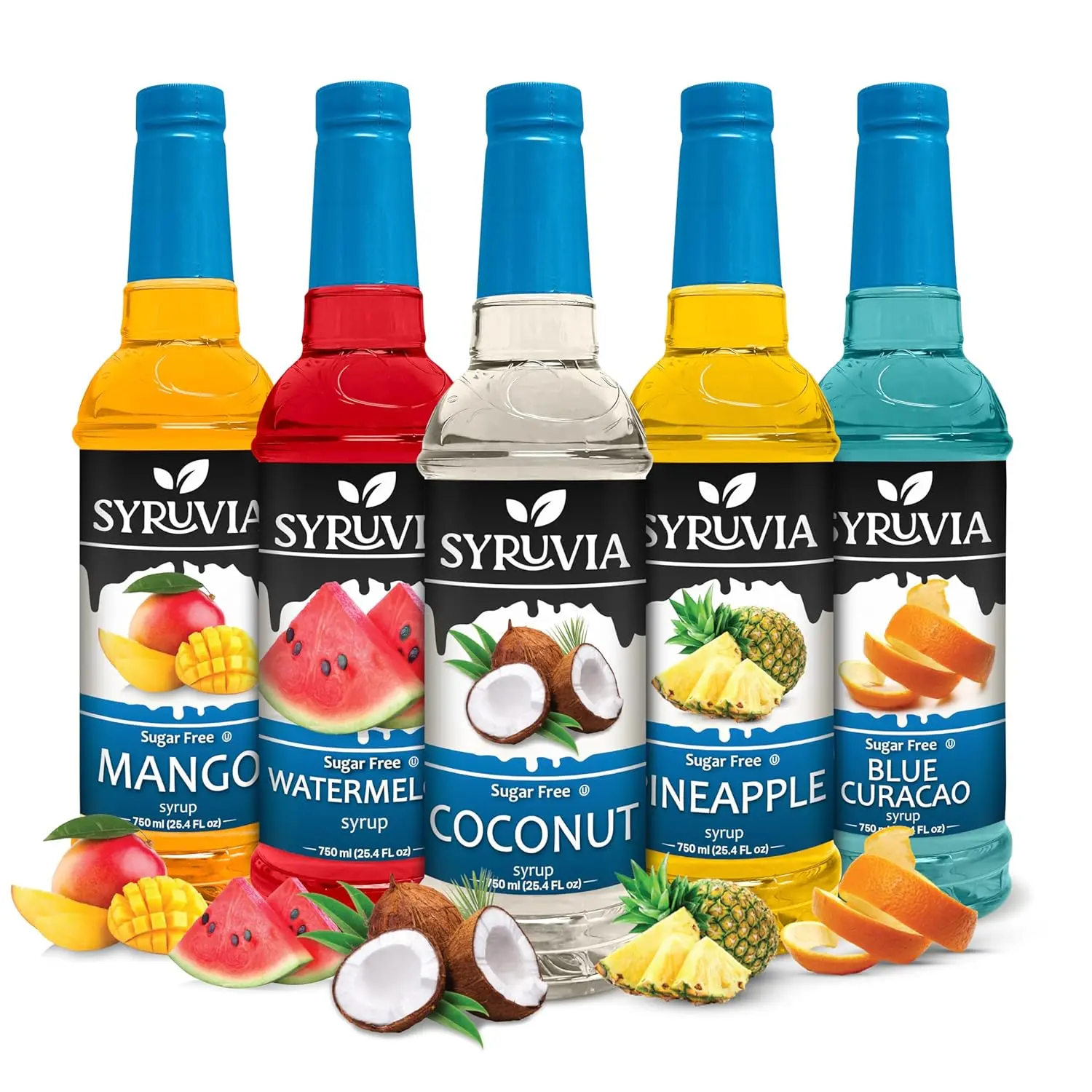 Syruvia Sugar-Free Tropical Syrups & Concentrates Variety Pack - Coconut, Pineapple, Watermelon, Mango, Blue Curacao Flavors - Gluten-Free, Kosher - 25.4 fl oz Bottles (5-Pack) for Coffee