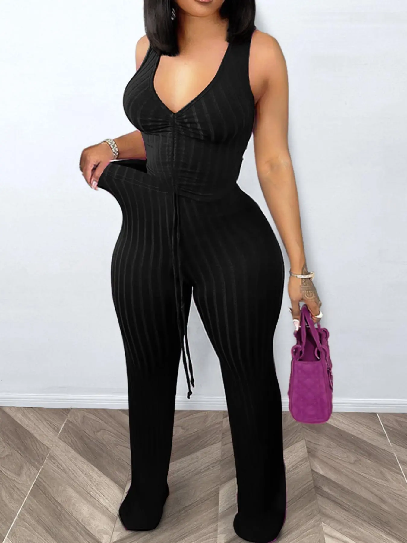 Women's Solid Knit Ribbed Crop Tank Top & Adjustable Drawstring Pants Two-piece Set, Casual Fashion Cozy Outfits for Daily Outdoor Wear, Ladies Clothes for Summer Cropped