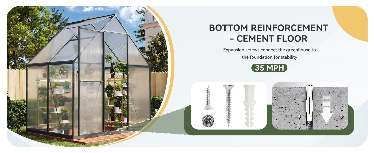 Aoxun 4x6 FT Outdoor Greenhouse, Polycarbonate Greenhouse with Aluminum Frame, Walk-in Green House with Roof Vent, Ground Nails, Lockable Door for Garden Backyard, Patio, Lawn,Quick-Installation
