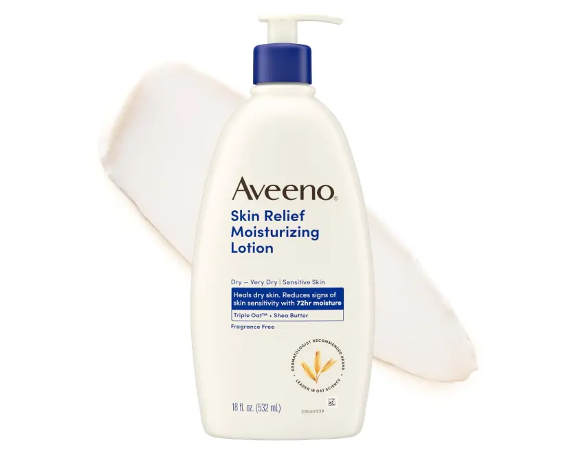 Aveeno Skin Relief Moisturizing Body Lotion Heals Very Dry, Sensitive Skin, Fast Absorbing Lotion with Soothing Triple Oat & Shea Butter Formula, Fragrance Free Lotion, Non-Comedogenic, 18 Fl Oz