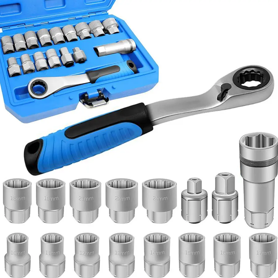 17-Piece Pass Through Ratchet Socket Set,10-24mm Metric 3/8"-1/2" SAE, Thin Wall Hollow Socket for Long Bolt Nut Removal Automotive Repair Hand Tool Kit#summerfinds