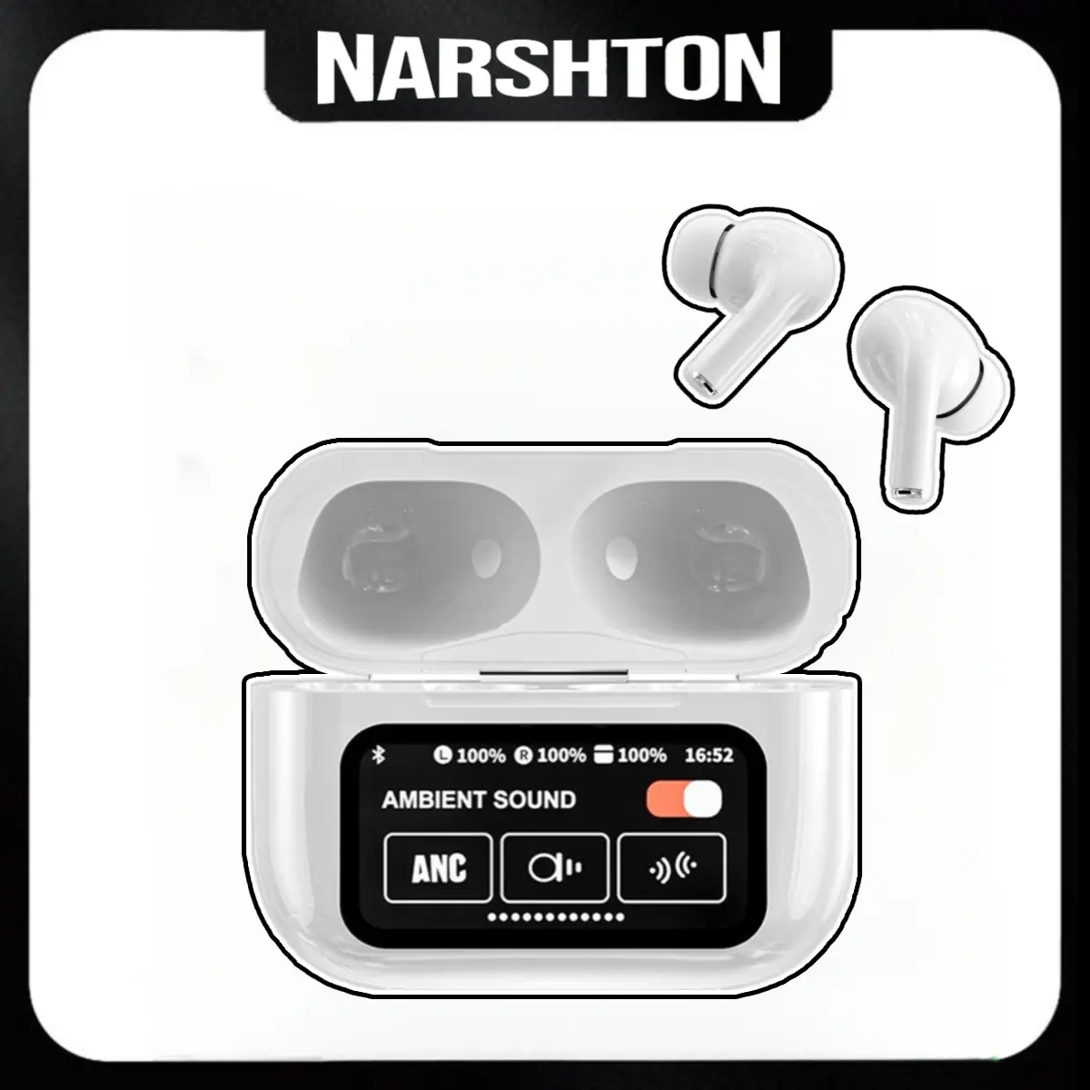 Narshton A9 Pro Wireless Earbuds, Digital Audio In-Ear Headphones with LCD Touch Screen, ANC Noise Cancelling, ENC, Bluetooth, Lanyard, Charging Mobile Cable for Stereo Game Use