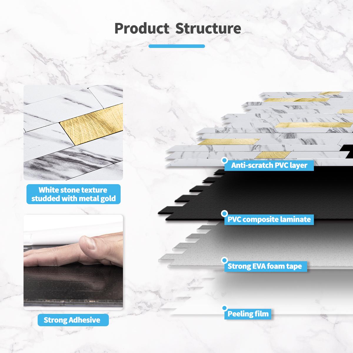 Art3d 10-Sheet 13.8‘’×11.8‘’ Peel and Stick Backsplash Vinyl Stone Tile for Kitchen, Bathroom,  Laundry Room Decor in White Slate with Gold Studded