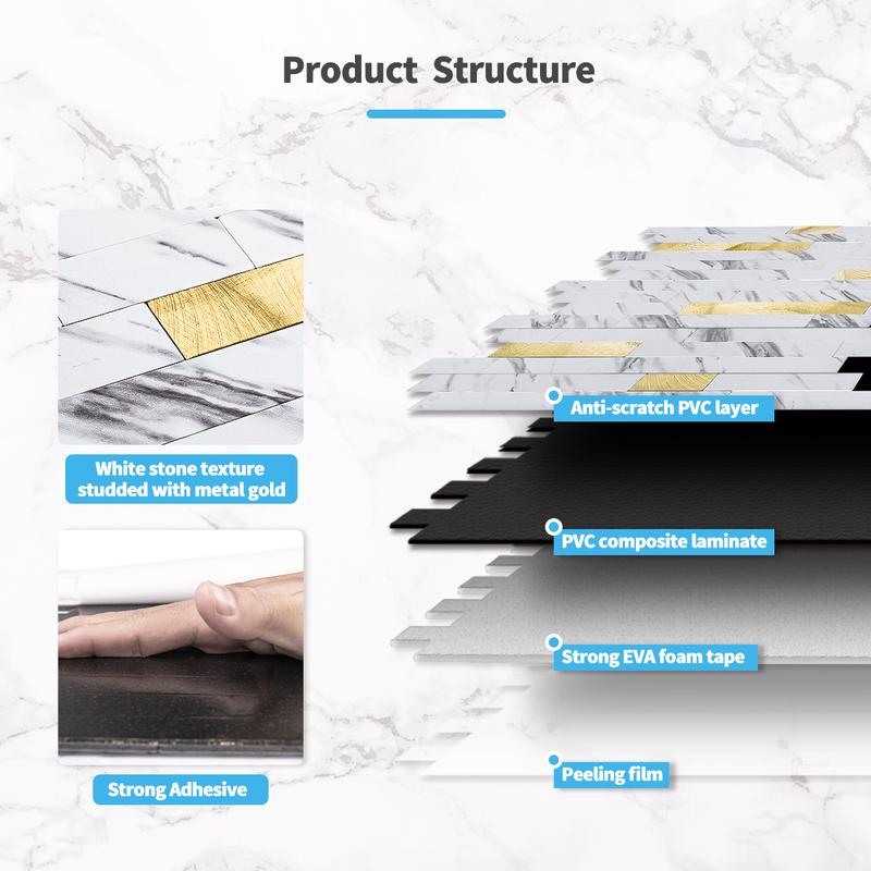 Art3d 10-Sheet 13.8‘’×11.8‘’ Peel and Stick Backsplash Vinyl Stone Tile for Kitchen, Bathroom,  Laundry Room Decor in White Slate with Gold Studded