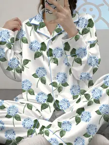 Women’s Hydrangea Bloom Blue Hydrangea Watercolor Flower Short Sleeve Satin Pajama Set, Long Sleeve Satin Pajama Set
