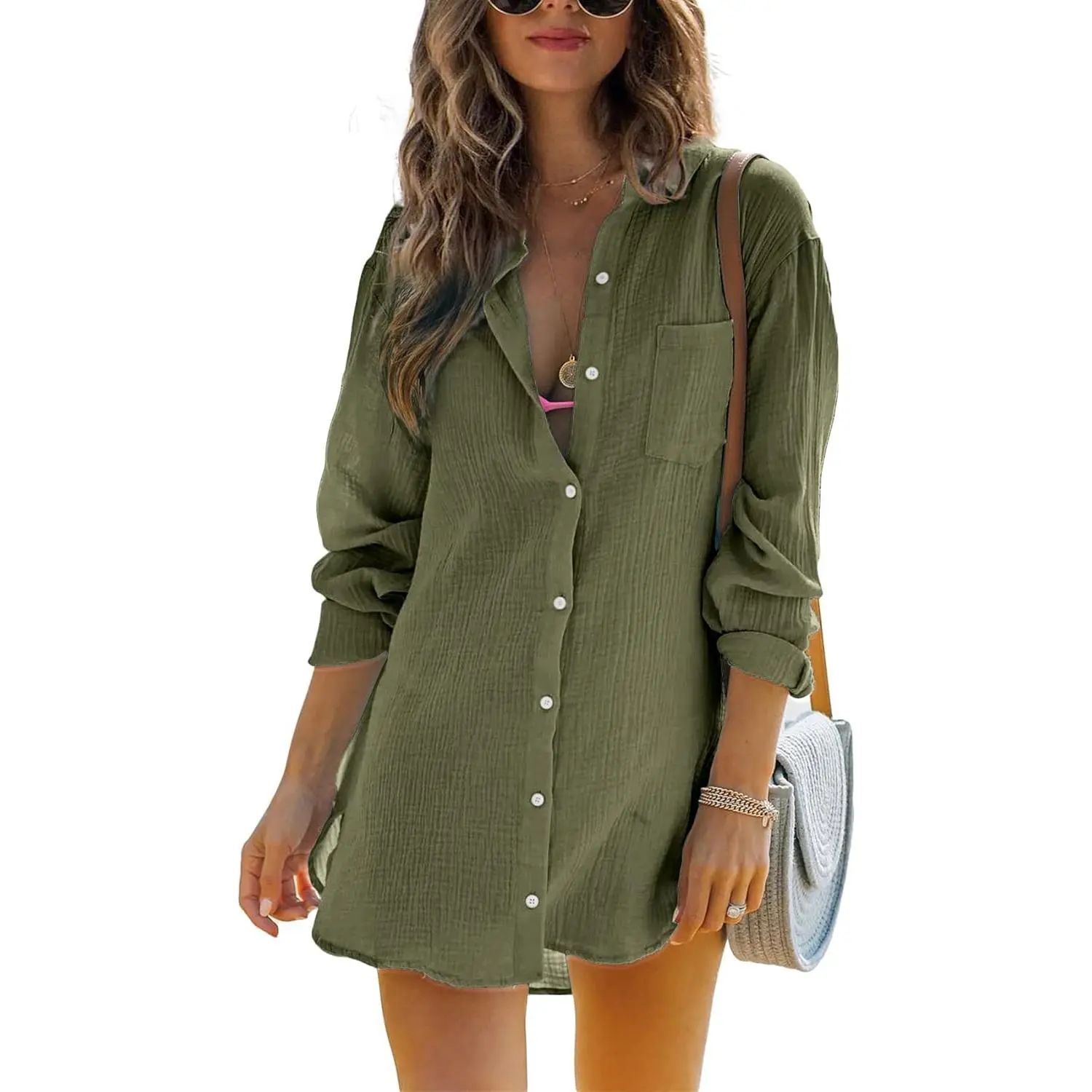 Imily Bela Womens Beach Cover Up Button Down Shirts Summer Cotton Gauze Tops Long Sleeve Bikini Swimsuit