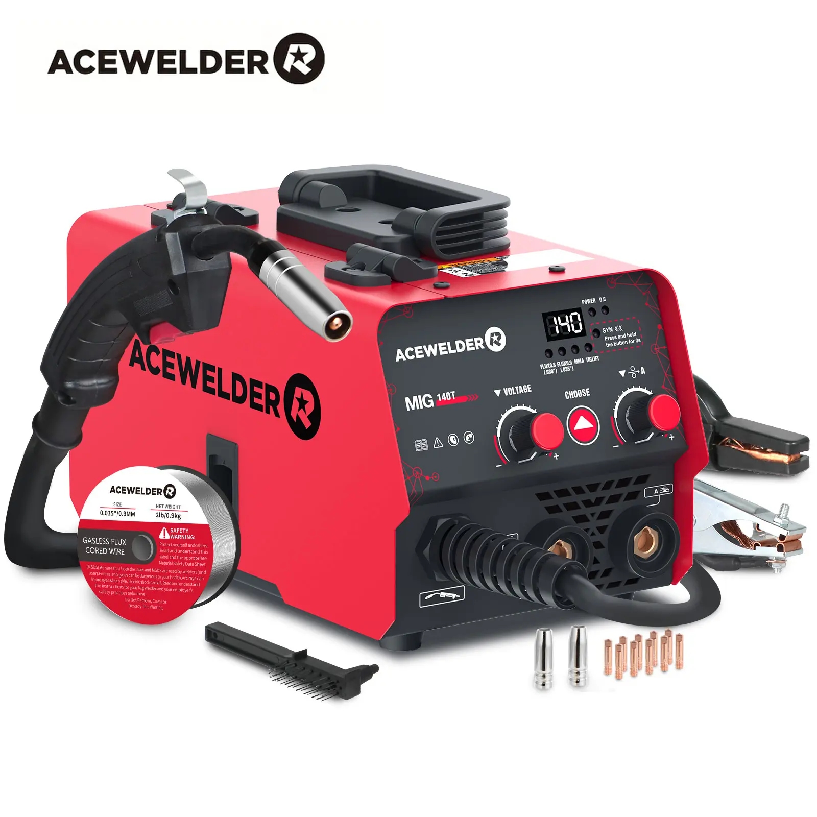 Acewelder 140A 110V Gasless MIG Welder - Portable 3-in-1 Inverter Synergic Wire Feeder Machine for Flux Core MIG, Lift TIG, Stick Welding, Carbon Steel, Metal, Home DIY, W/0.5kg 0.8mm Flux Cored Wire,10 Contact Tips,2 Nozzles, Brush, 10 Contacts Tips, Por