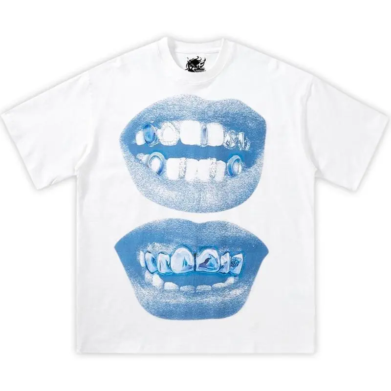 Double Blue Lips Grillz Boxy Cotton Tee Shirt Boxy Shirt Opium, Y2K, Fashion, Streetwear, Unisex, Men, Women, Cotton, Crew Neck, Y2K Golf Gift T-Shirt For Men And Women