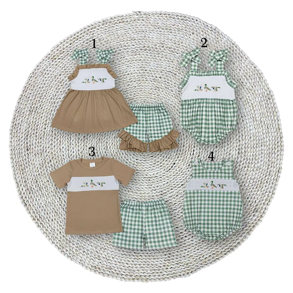 Baby Boys Brown Green Mallard Ducks Embroidery Tee Top Shorts Matching Girls Outfits Rompers Sets